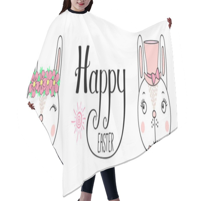 Personality  Greeting Card With Hand Drawn Cute Funny Bunnies In Hat Flower And Text Happy Easter, Vector, Illustration Hair Cutting Cape