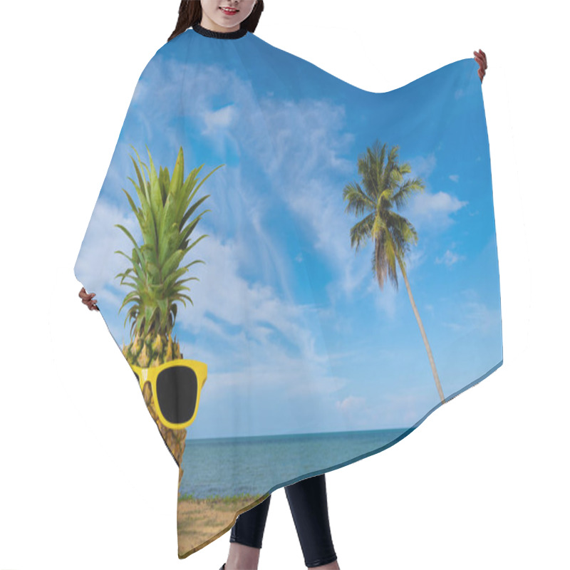 Personality  Tropical Summer Delights, Fresh Pineapple On The Beach, Fashion Hipster Pineapple, Bright Summer Color, Tropical Fruit With Sunglasses, Creative Art Hair Cutting Cape