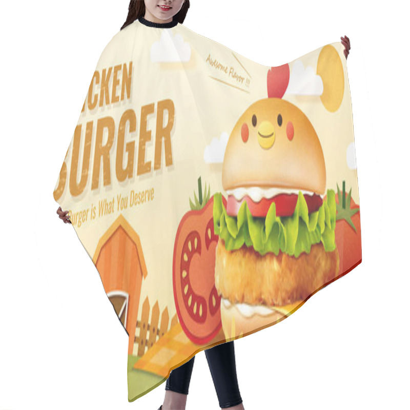 Personality  3d Illustration Of Chicken Burger Ad Banner, Burger Over A Picnic Plaid In The Farm With Chili And Tomatoes Hair Cutting Cape