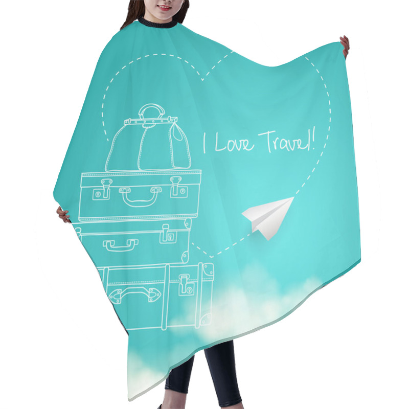 Personality  Illustration Of Flying Paper Plane Around Travel Suitcases On Sky Background Vector Hair Cutting Cape