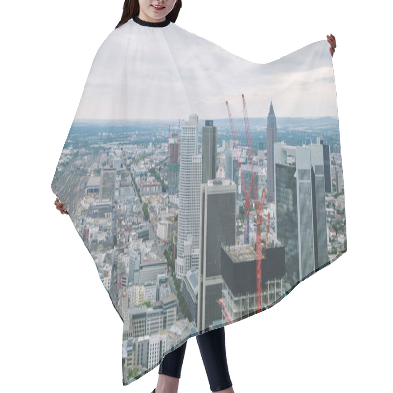 Personality  Aerial View Of Cityscape With Skyscrapers And Buildings Near Crane In Frankfurt, Germany  Hair Cutting Cape