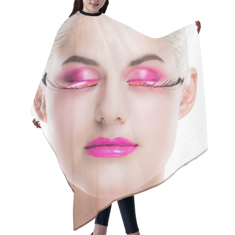 Personality  Woman With Pink Fancy Makeup Hair Cutting Cape