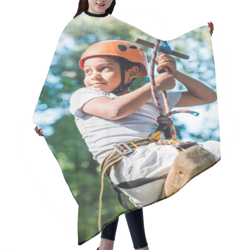 Personality  Adorable African American Child In Orange Helmet In Adventure Park  Hair Cutting Cape