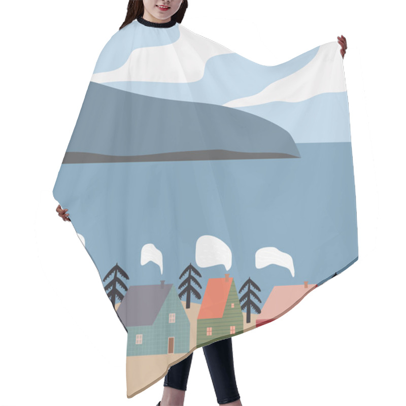 Personality  Scandinavian Landscape Red Houses, Sea, Winter, Mountains, Hills, Fjord. Minimalist Nordic Nature Illustration, Vector Background Hair Cutting Cape