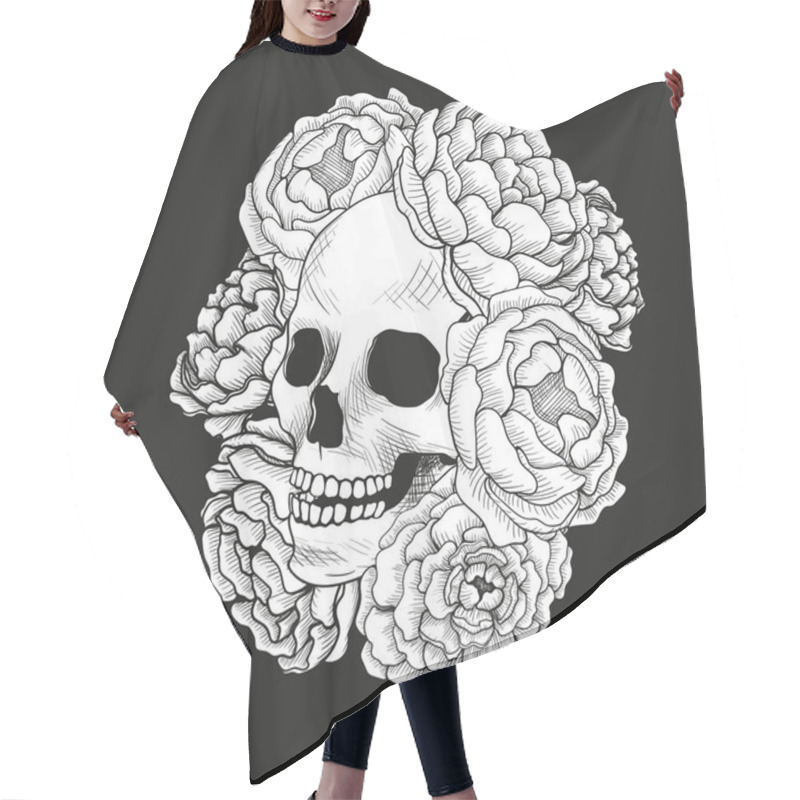 Personality  Black And White Sketch Skull In Peony Flowers. Hair Cutting Cape