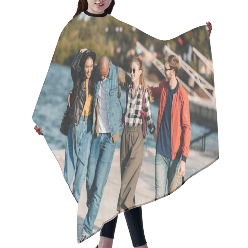 Personality  Multicultural Friends Walking On Pier Hair Cutting Cape