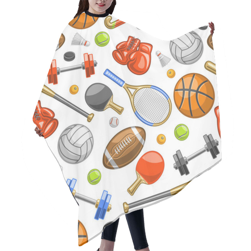 Personality  Vector Sports Seamless Pattern, Square Repeating Background With Cut Out Illustrations Of Various Summer Sport Gear, Red Leather Boxing Gloves, Tennis Racquets And Sports Balls On White Background Hair Cutting Cape