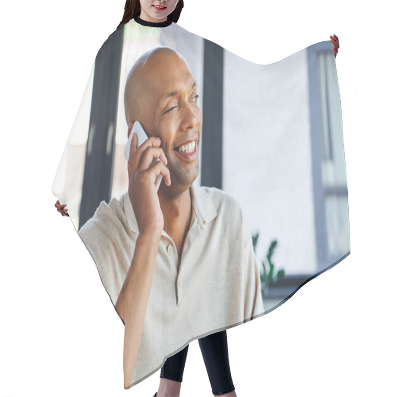 Personality  Myasthenia Gravis Disease, Bold African American Man At Work, Cheerful And Dark Skinned Office Worker With Ptosis Syndrome Talking On Smartphone, Inclusion, Corporate Culture  Hair Cutting Cape