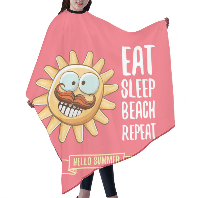 Personality  Eat Sleep Beach Repeat Vector Concept Cartoon Illustration Or Summer Poster. Vector Funky Sun Character With Funny Slogan For Print On Tee. Summer Party Fun Label Or Icon On Pink Background Hair Cutting Cape