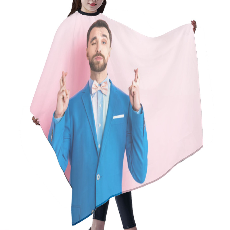 Personality  Bearded Man In Suit With Crossed Fingers Winking Eye On Pink  Hair Cutting Cape