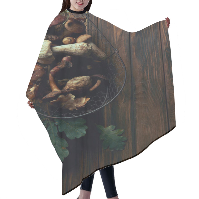 Personality  Top View Of Fresh Picked Edible Mushrooms In Basket And Green Oak Leaves On Wooden Table Hair Cutting Cape