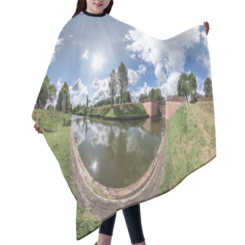 Personality  Full Spherical Seamless Hdri Panorama 360 Degrees Angle View Near Gateway Lock Sluice Construction On River, Canal For Passing Vessels At Different Water Levels In Equirectangular Projection Hair Cutting Cape