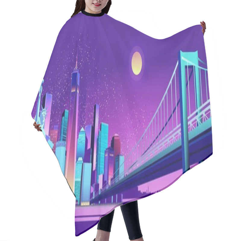 Personality  Vector Horizontal Illustration Of The Statue Of Liberty On The Background Of The Night American City, Illuminated By Neon Lights, Across The Canal To The Area Held A Bridge Hair Cutting Cape