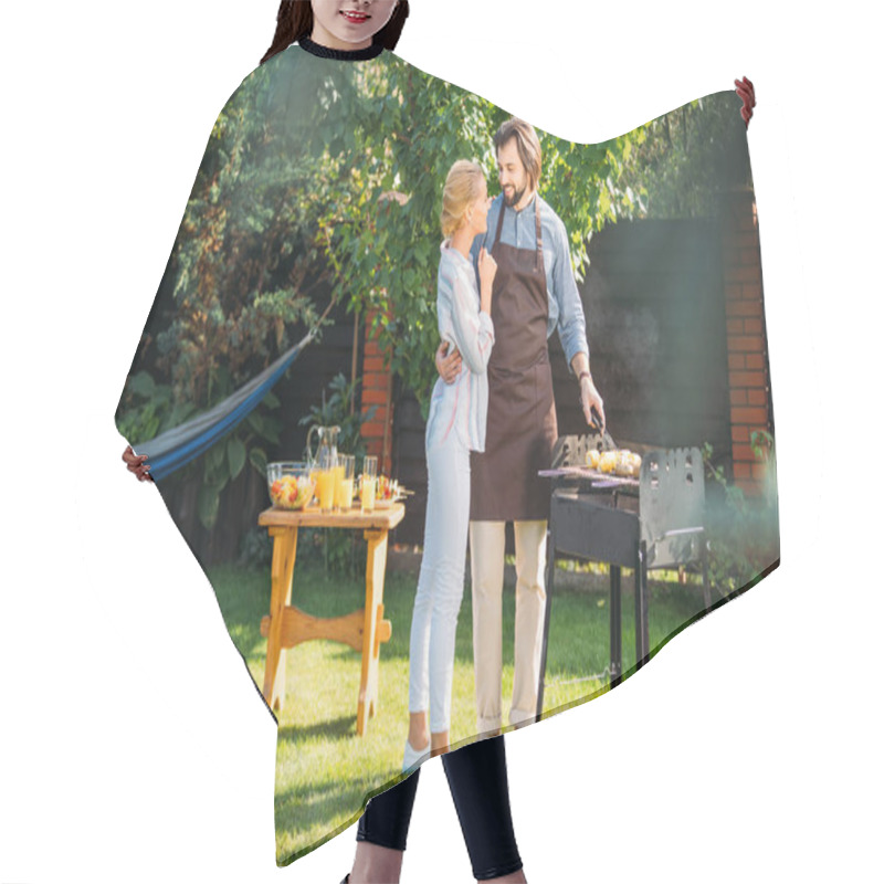 Personality  Smiling Couple Having Barbecue On Backyard On Summer Day Hair Cutting Cape