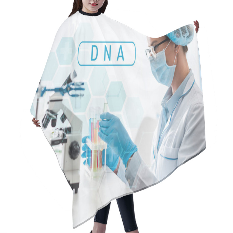 Personality  Side View Of Scientist Holding Test Tube And Sitting Near Dna Illustration  Hair Cutting Cape