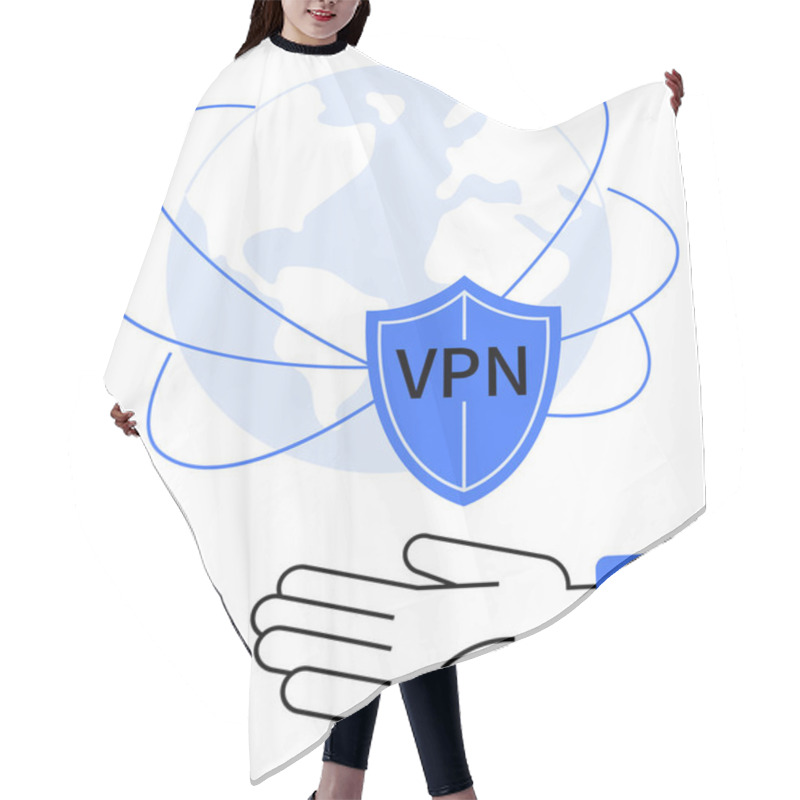 Personality  VPN Shield Over Globe, Swirling Lines, Secure Padlock, Open Hand. Ideal For Cybersecurity, Network Safety, Privacy, Internet Security Data Protection Online Privacy. Line Metaphor Hair Cutting Cape