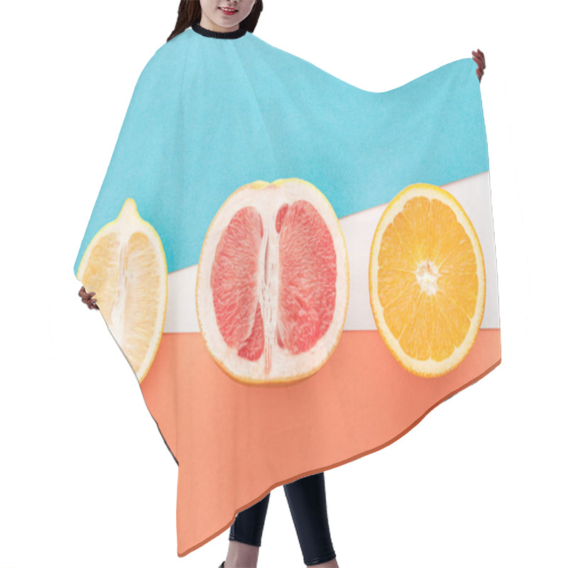 Personality  Top View Of Fruits Halves On Blue, Orange And White Background Hair Cutting Cape