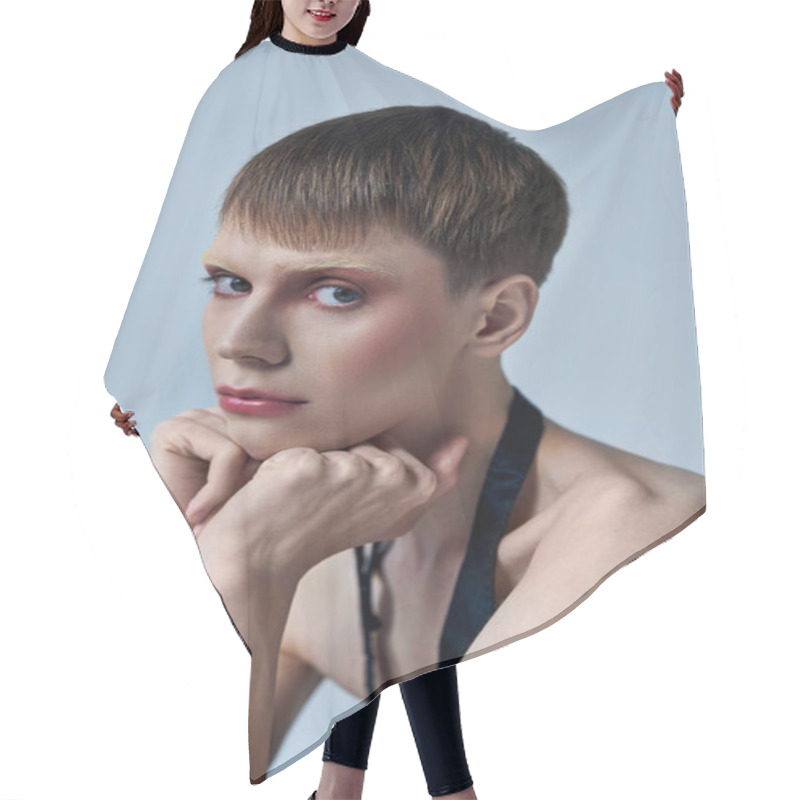 Personality  Queer Model Looking At Camera On Grey Backdrop, Style Of Androgynous Person, Portrait, Identity Hair Cutting Cape