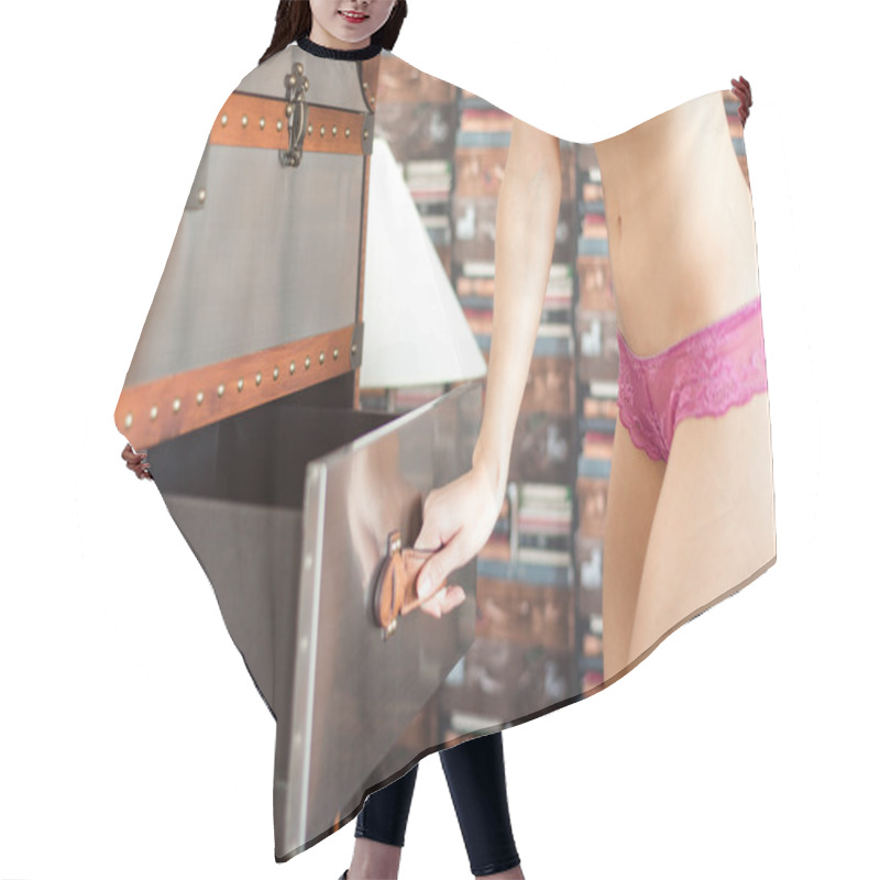 Personality  Seductive Atractive Young Woman Opening Chest Of Drawers With Clothes Hair Cutting Cape