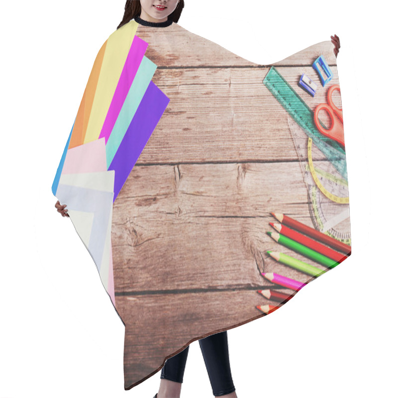 Personality  Back To School Concept On Wooden Background Hair Cutting Cape