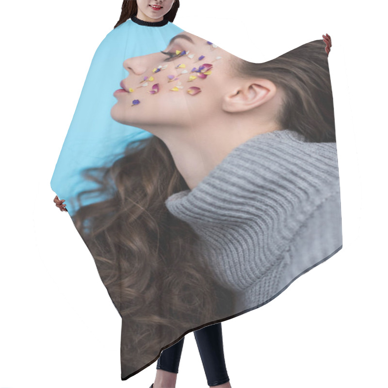 Personality  Side View Of Young Woman With Flowers On Face In Warm Sweater Isolated On Blue Hair Cutting Cape