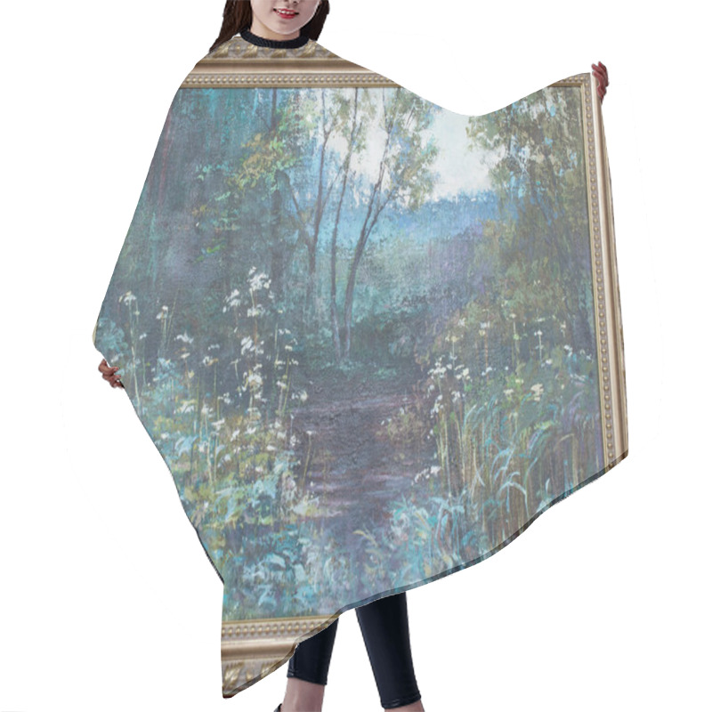 Personality  Oil Painting Forest Lake Landscape In Frame. Fine Art Summer Landscape. Picture Of A Mysterious Forest. Hair Cutting Cape