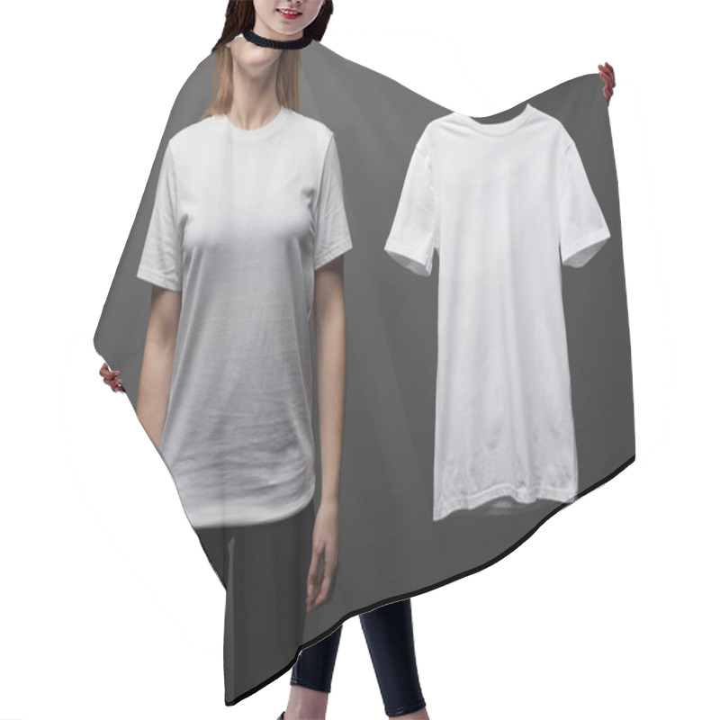 Personality  Cropped View Of Woman Near Blank Basic White T-shirt On Black Background Hair Cutting Cape