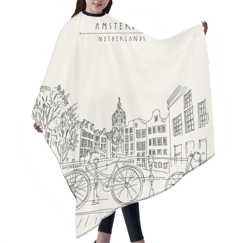 Personality  Bridge In Amsterdam, Holland, Netherlands Europe. Dutch Traditional Historical Buildings. Typical Dutch Houses And Bicycles. Hand Drawing. Travel Sketch. Book Illustration, Postcard, Poster In Vector Hair Cutting Cape