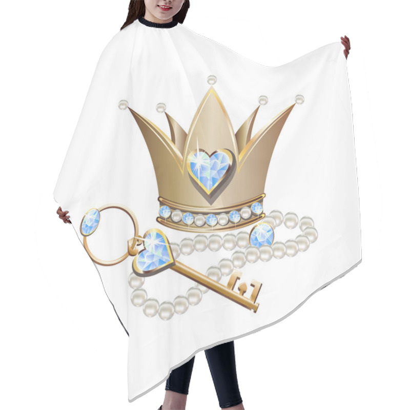 Personality  Fairy Tale Vector Illustration Of Princess Jewels. Crown Or Tiara With Pearls And Blue Stones, Pearl Necklace And Key. Hair Cutting Cape