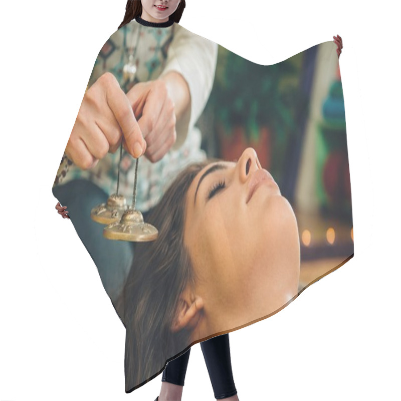 Personality  Woman Using Tibetan Bells In Sound Therapy Hair Cutting Cape