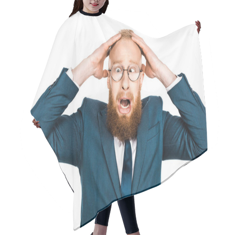 Personality  Scared Bearded Businessman In Eyeglasses Holding Hands On Head Isolated On White Hair Cutting Cape