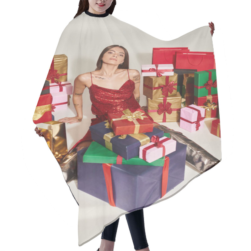 Personality  Beautiful Woman In Festive Attire Surrounded By Presents Looking At Camera, Holiday Gifts Concept Hair Cutting Cape