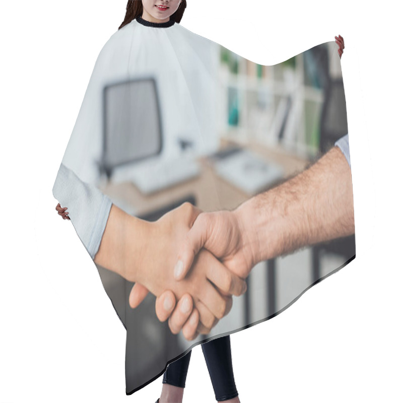 Personality  Cropped View Of Multicultural Business People Shaking Hands In Office  Hair Cutting Cape