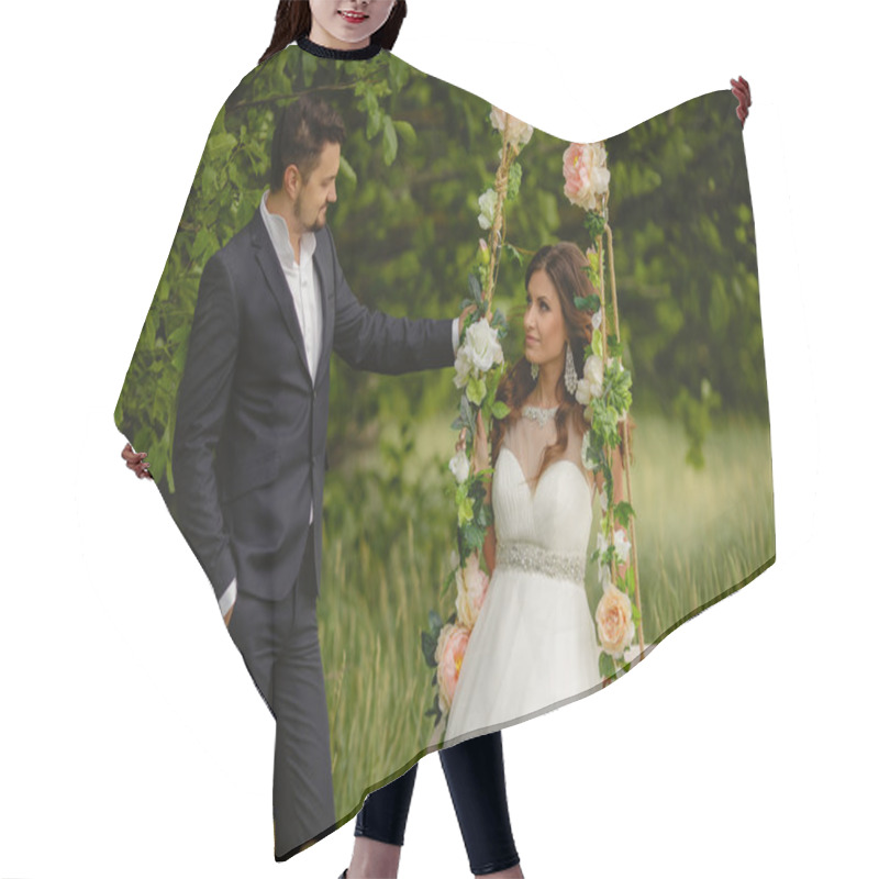 Personality  Beautiful Bride With Fiance Is Swinging On A Swing Hair Cutting Cape