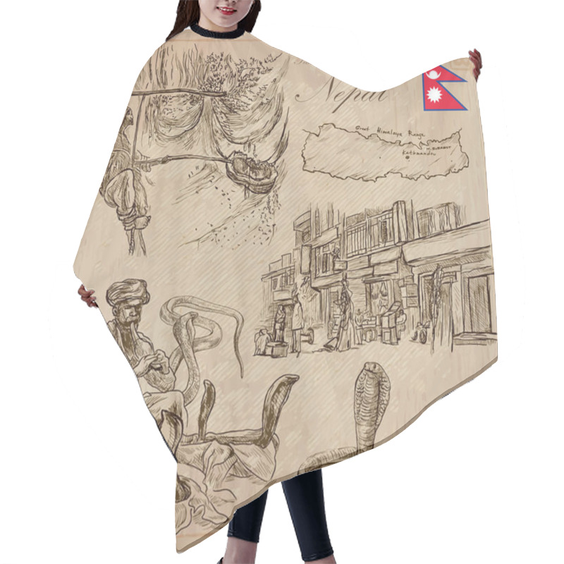 Personality  Nepal - Pictures Of Life. Travel. Vector Collection. Hand Drawin Hair Cutting Cape