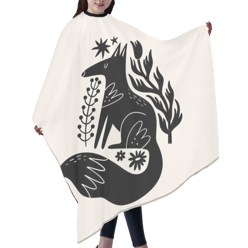 Personality  Foxe Woodland Animal Drawing In Ornate Rural Folk Scandinavian Style. Hair Cutting Cape