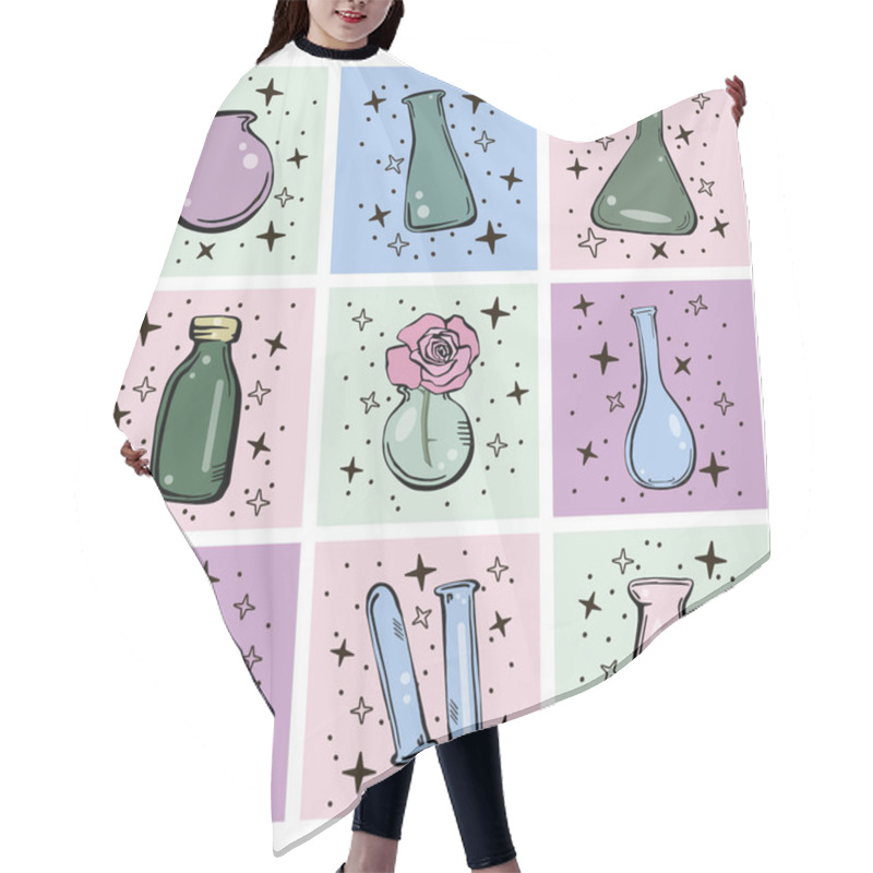 Personality  A Set Of Medical Flasks On Different Backgrounds. Fitted In A Square. Hair Cutting Cape