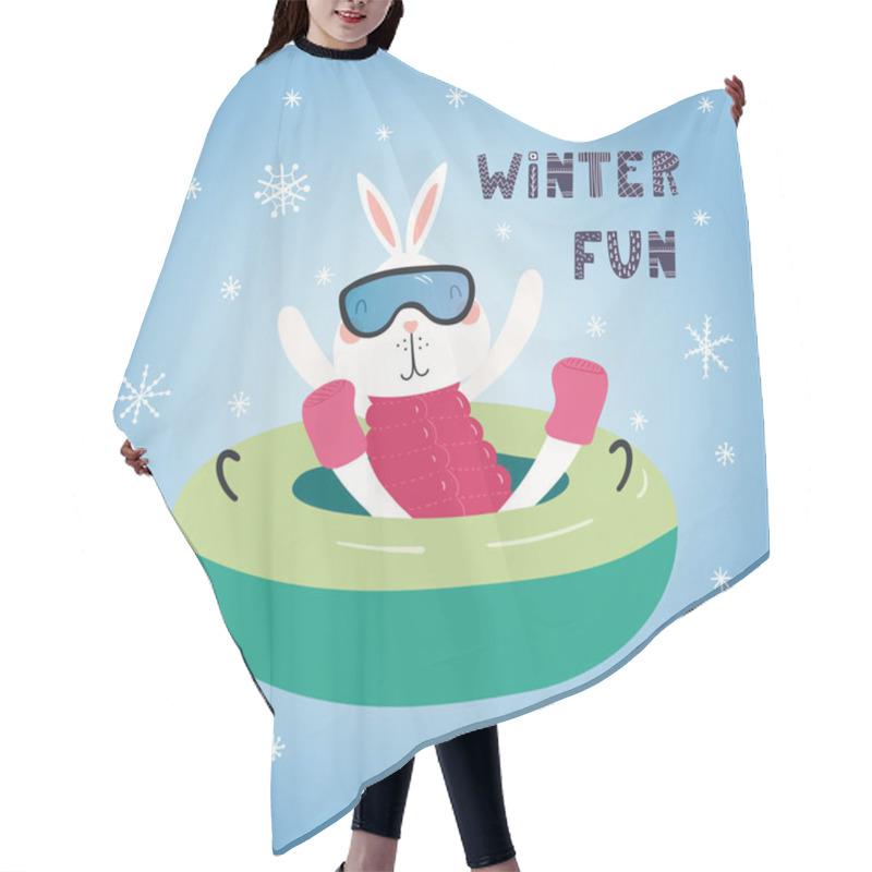 Personality  Hand Drawn Vector Illustration Of A Cute Funny Bunny Snow Tubing Outdoors In Winter, With Text Winter Fun. Scandinavian Style Flat Design. Concept For Children Print Hair Cutting Cape