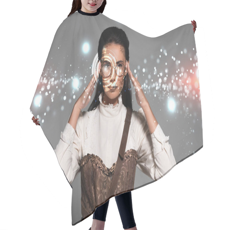 Personality  Steampunk Woman Touching Glasses Isolated On Grey With Digital Illustration Hair Cutting Cape