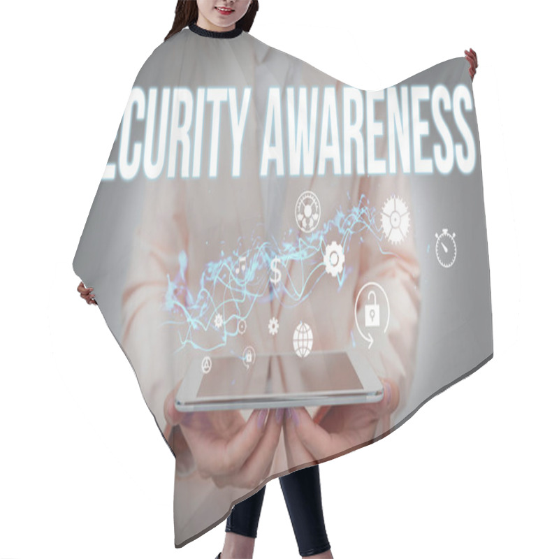 Personality  Writing Displaying Text Security Awareness. Business Showcase Educating Employees About The Computer Security Lady In Suit Holding Phone And Performing Futuristic Image Presentation. Hair Cutting Cape