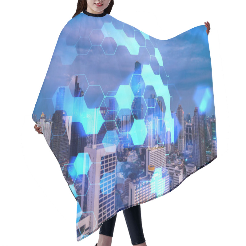 Personality  Hologram Of Abstract Technology Glowing Icons, Panoramic Cityscape Of Bangkok At Sunset, Asia. The Concept Of Worlds Technological Changes. Double Exposure. Hair Cutting Cape