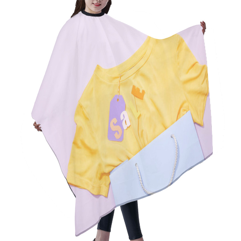 Personality  Top View Of Sale Lettering On Yellow T-shirt With Purple Paper Tag In Shopping Bag On Violet  Hair Cutting Cape