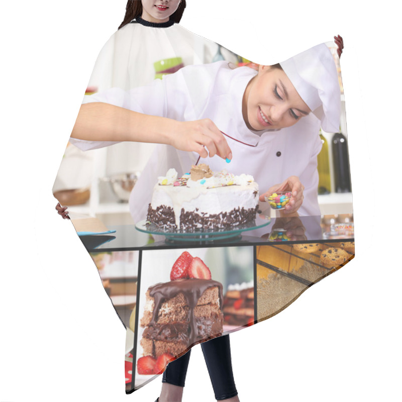 Personality  Collage Of Confectionery Theme Consisting Of Delicious Pastries And Cook Hair Cutting Cape