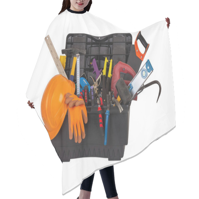 Personality  An Open Black Plastic Tool Kit Box With An Orange Construction Protective Helmet And Various Hand Tools Isolated On A White Background Close Up Hair Cutting Cape