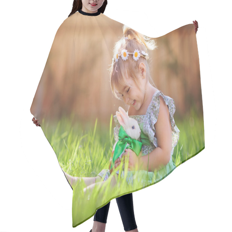 Personality  Cute Little Girl With A Bunny Rabbit Has A Easter At Green Grass Hair Cutting Cape