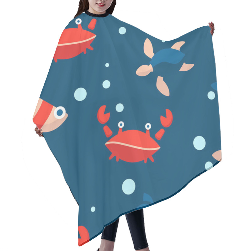 Personality  Baby Seamless Pattern With Red Crabs,fish, Turtles And Bubbles On A Dark Blue Background. Cartoon Flat Design. Marine Theme. For Packaging, Paper, Fabric. Print For Clothes Hair Cutting Cape