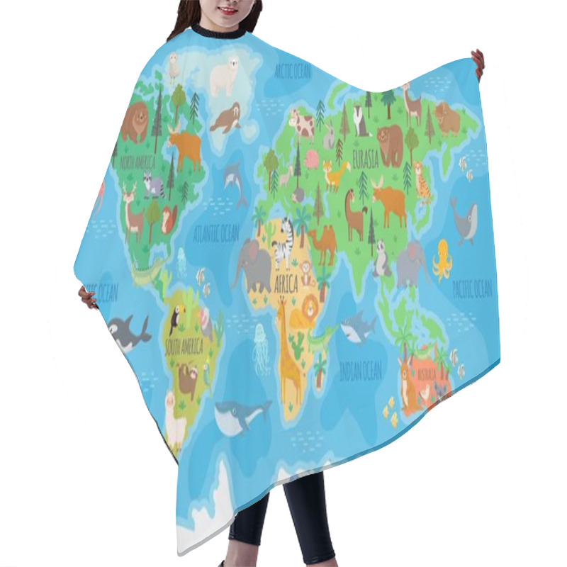 Personality  .Cartoon World Map For Kids Nursery With Forest Animals. Children Geography Education With Europe, Asia, Australia And America Vector Poster Hair Cutting Cape