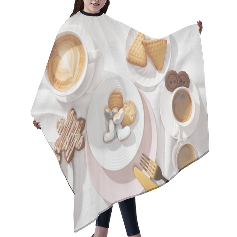 Personality  Top View Of Tasty Cookies With Glaze And Coffee On White Tablecloth Hair Cutting Cape