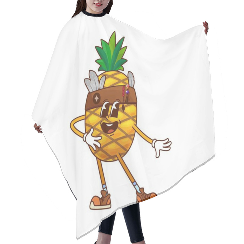 Personality  Cartoon Groovy Pineapple Superhero Fruit Character. Vector Retro Defender Fairytale Personage Wearing Bandana With Feathers And Beads And Hippie Y2k Sneakers. Smiling Fantasy Tropical Vitamin Food Hair Cutting Cape