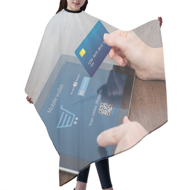 Personality  Female Hands Holding Credit Card And A Tablet In The Office And  Hair Cutting Cape